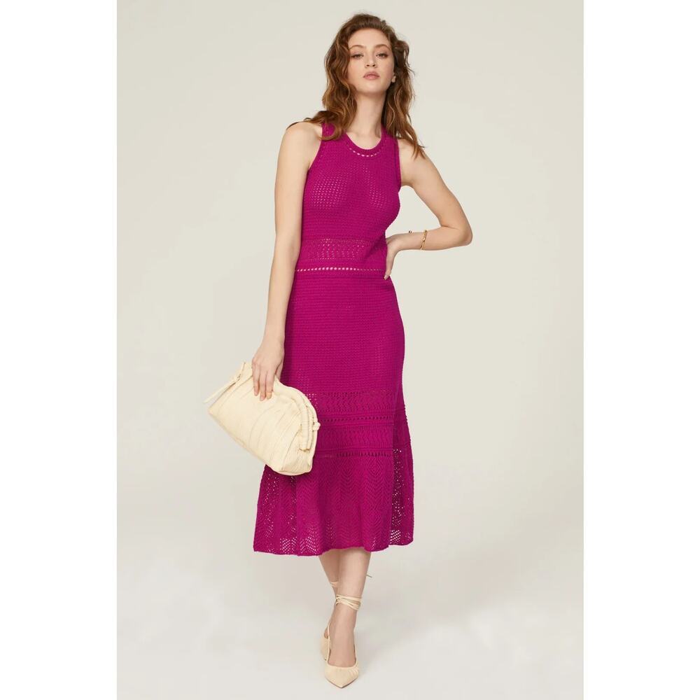 Vanessa Bruno Taki Dress Crochet Knit Sleeveless Racerback Midi A-Line Pink S